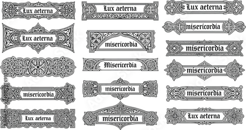 Medieval Latin banner set, ornate decorative frames, Gothic text illustration, floral scrollwork vector, black white ecclesiastical design