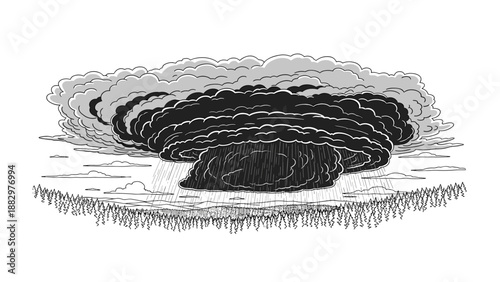 Dramatic black and white storm cloud over forest landscape