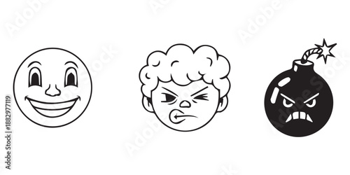 Funny cartoon vector illustration of a black sketch style human brain and skull character with a zombie expression and eye design for a comic logo