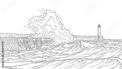 Coastal wave crash and lighthouse scene in detailed line art drawing