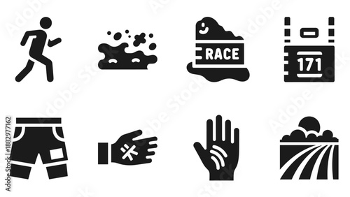 Marathon icons set: runner, mud, race, bib, shorts, glove, hand, track