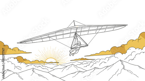 Linear drawing of hang gliding adventure over mountains at sunrise
