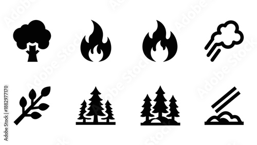 Silhouette icons of nature and fire elements in minimalist style