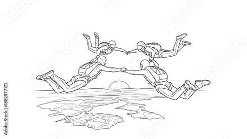 Skydivers performing formation in mid-air over scenic landscape at sunset