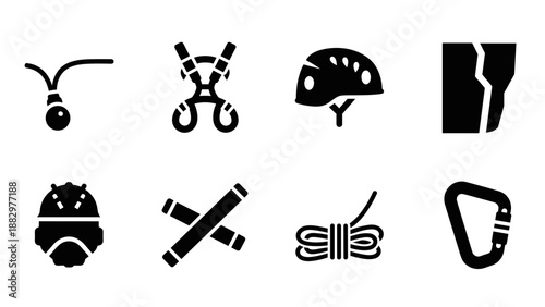 Bold set of climbing gear icons featuring rope helmet harness in silhouette style