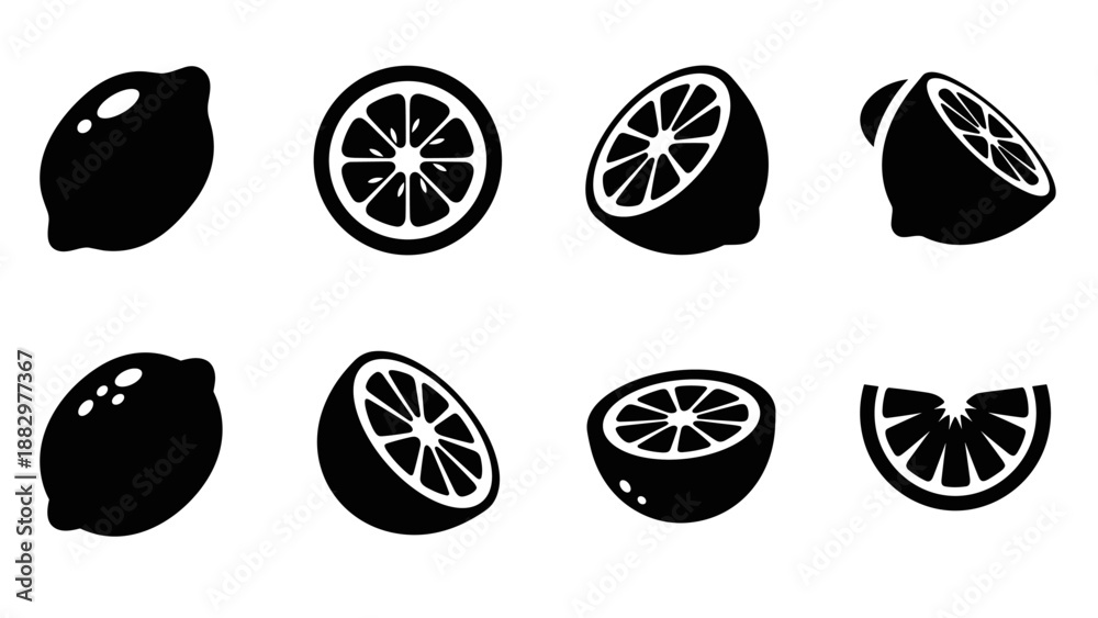 Fototapeta premium Silhouette citrus icons: lemon and lime slice designs for modern decor