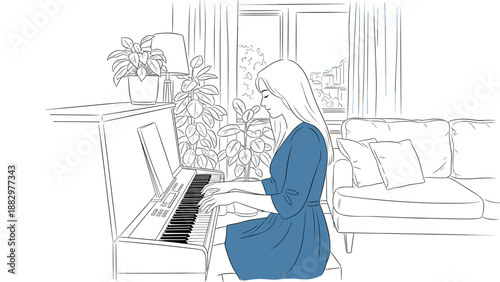 Woman playing piano in cozy home living room line art