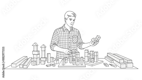Man building with wooden blocks in linear style illustration