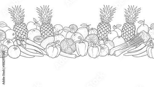 Fresh fruits and vegetables line art banner with pineapples and peppers