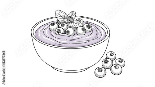 Hand-drawn bowl of blueberry yogurt with fresh berries and mint leaves