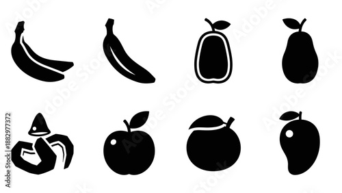 Silhouette fruit icons: banana, apple, mango, pear, orange, watermelon