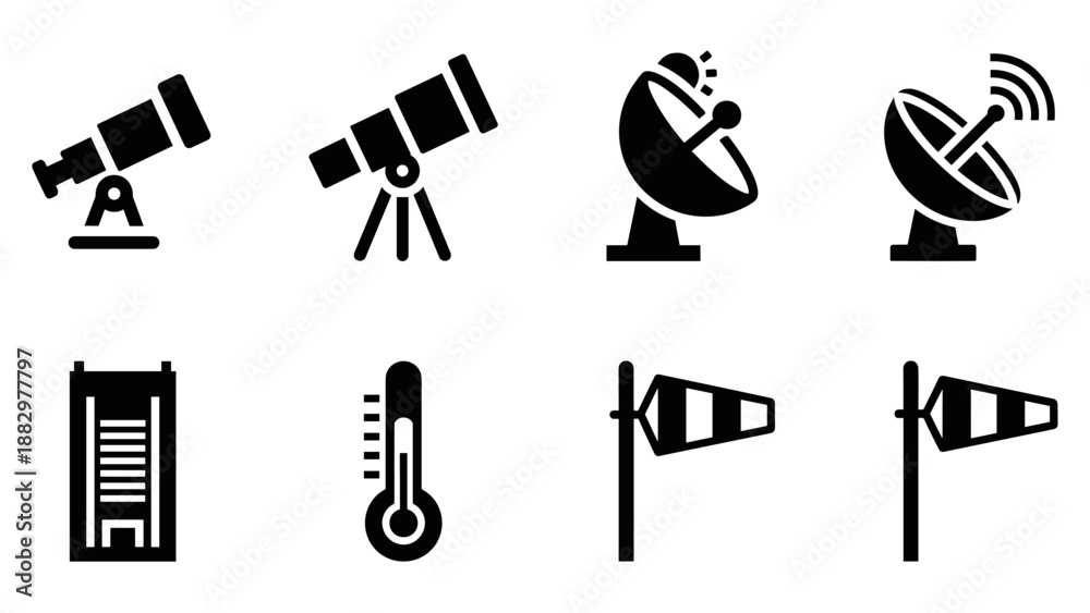 Fototapeta premium Weather and astronomy equipment icons set in bold black silhouette style