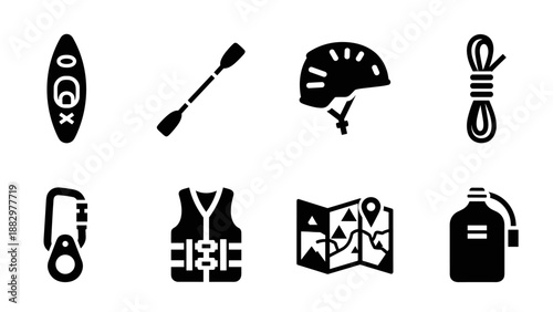 Outdoor adventure icons: kayak, paddle, helmet, rope, carabiner, vest, map, water bottle