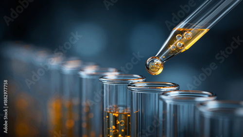 Pipette dripping yellow liquid into test tubes