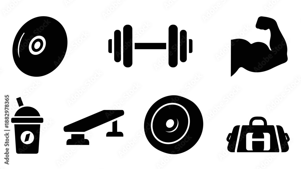 Fototapeta premium Fitness icon set: dumbbell, weights, muscle silhouette, gym bag, protein shake