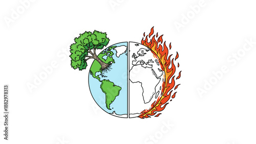 Climate change symbolized: earth split between nature and fire