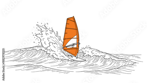 Dynamic surfing adventure with vibrant sail and ocean waves in minimalist style