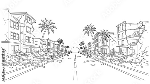 Urban landscape amid earthquake destruction with crumbling buildings and palm trees in linear art