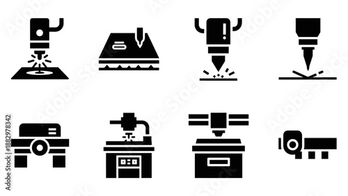 Set of machine icons: laser cutter, printer, engraver, silhouette style