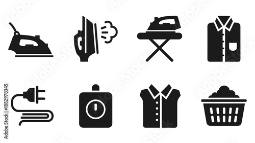 Flat laundry and ironing icons set for household chores and garment care