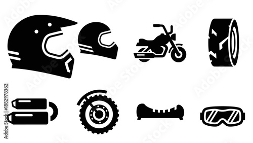 Flat motocross gear icons with helmet, bike, and accessories