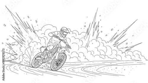 Dynamic motorcycle racer outline with explosive energy behind