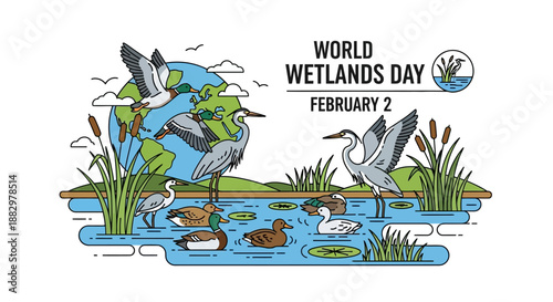 Birds flying around the world wetlands day event illustration with globe and water scene