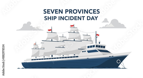 Large cargo ship sailing on the ocean with flags and clouds in the background, viewed from the side