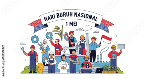 Labor Day Celebration Illustration Featuring Workers in Various Industries