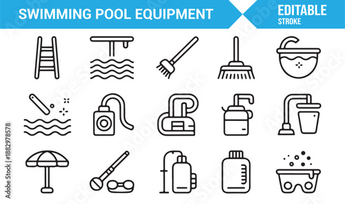 Swimming pool tools and accessories icon pack