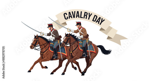 Cavalry Day illustration featuring horsemen riding horses with a banner, Cavalry, Horsemen, Horses, Riding, Illustration