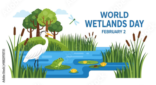 Celebrating World Wetlands Day with serene wildlife scene featuring heron, frog, and lush vegetation in a tranquil aquatic environment from a bird's eye view