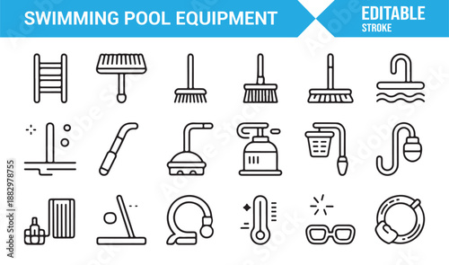 Backyard swimming pool equipment vector icon set
