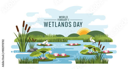 Celebrating World Wetlands Day with serene landscape illustration of a vibrant wetland ecosystem
