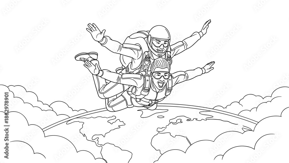 Fototapeta premium Exciting skydiving adventure: outline of two skydivers soaring above the earth
