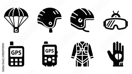 Silhouette icons of skydiving equipment: parachute, helmet, goggles, gps, suit, glove