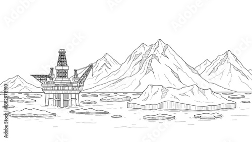 Offshore oil rig in arctic landscape with icebergs and mountains in linear style