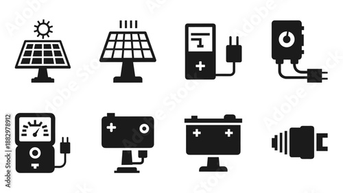 Black and white icons of solar panels and energy devices for sustainable technology designs