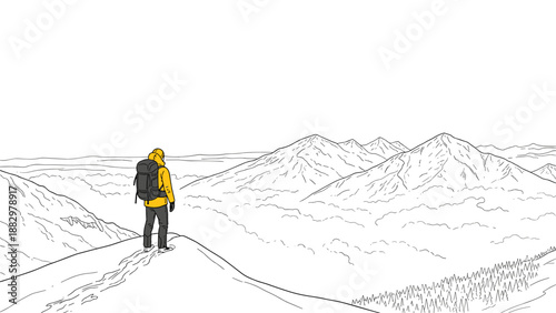 Hiker admiring mountain view in black and white line art
