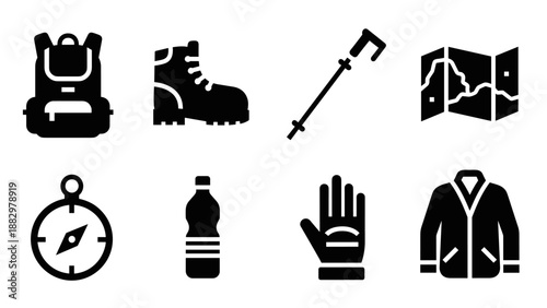 Essential hiking gear icons set: boots, compass, backpack, jacket, map, trekking pole