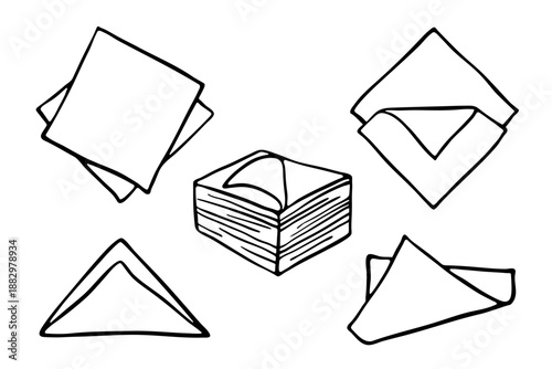 Hand drawn paper napkins set, line sketch isolated on white. Stack of square napkins, folded napkins different view. Black and white outline drawing. Vector clipart.