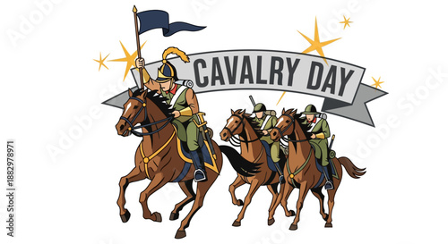 Cavalry Day Parade with Horse Riders and Flags in Illustration Style