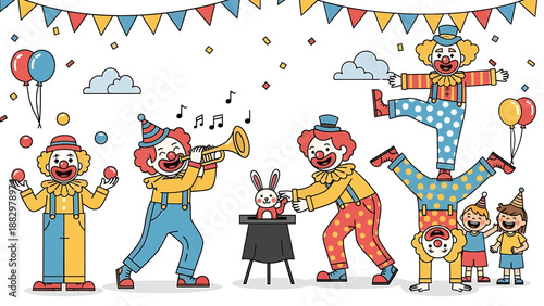 Circus clowns perform various tricks and entertain an audience with playful antics and a touch of magic during a festive performance