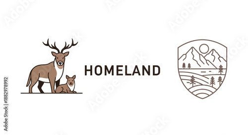 Illustration of a deer and fawn standing together beside a homeland emblem featuring mountains and trees
