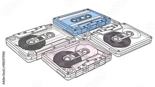 Retro cassette tapes in minimalist isometric style with blended colors