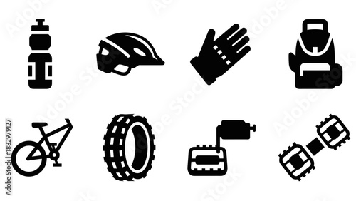 Cycling gear icons set featuring bicycle, helmet, gloves, backpack, water bottle, and cycling accessories