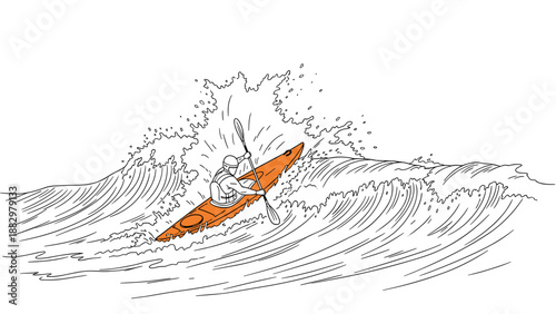 Adventure kayaking in rough waves with dynamic line art style