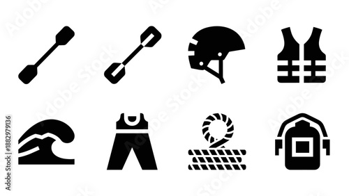 Adventure icons: black and white water sports equipment silhouettes