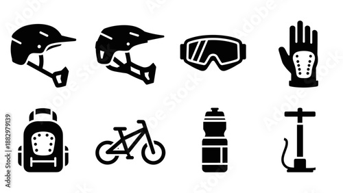 Essential mountain biking gear: helmet, goggles, gloves, and more in bold silhouette style