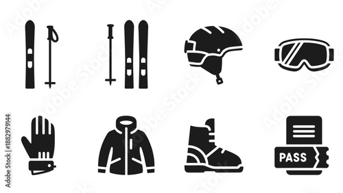 Winter sports gear icons: ski equipment, helmet, goggles, and more in silhouette